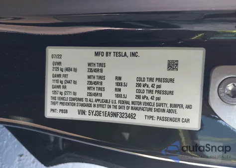2022 Tesla Model 3 Rear-Wheel Drive z USA, uszkodzony, nr VIN 5YJ3E1EA9NF323462